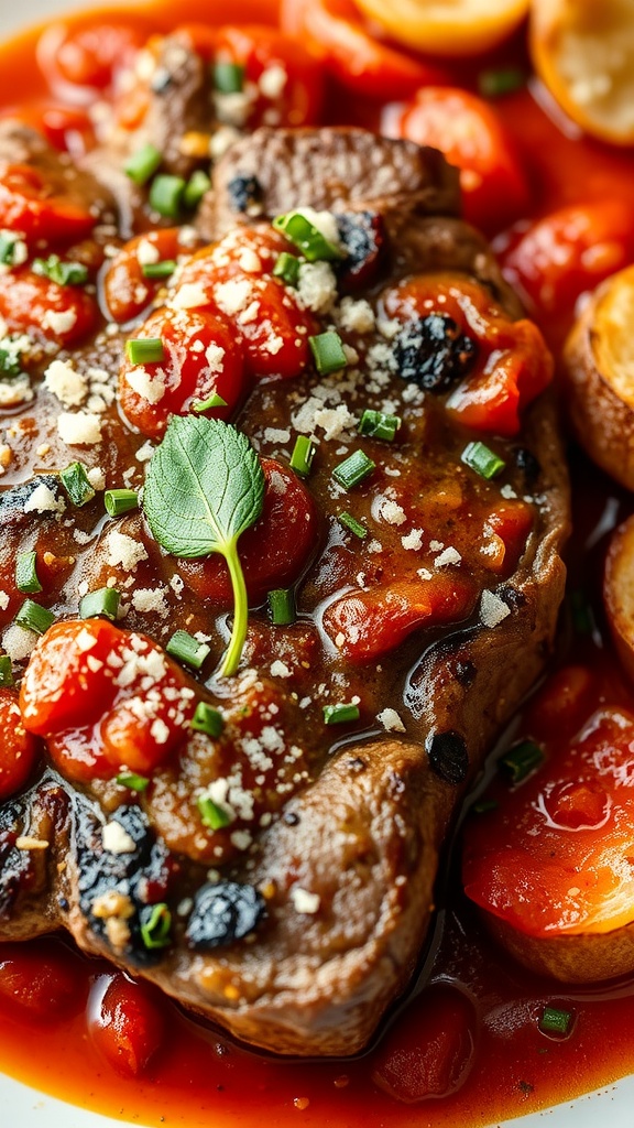 A serving of steak pizzaiola with tomato sauce and herbs on a plate, accompanied by pasta and cheese.